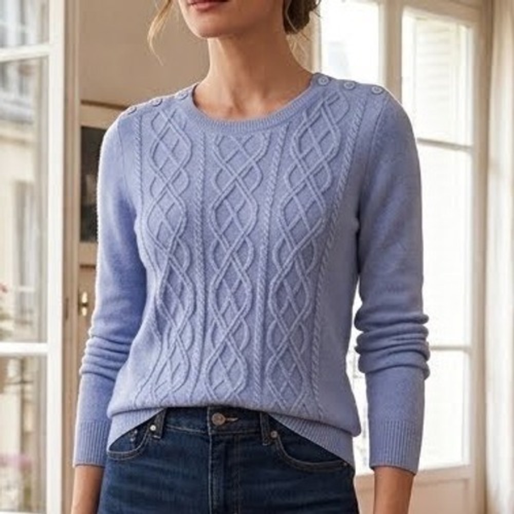Talbots Womens Periwinkle Blue Lambswool Cable Knit Button Shoulder Sweater S